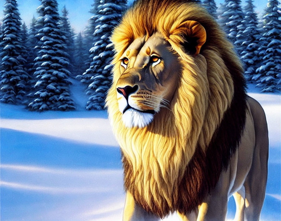 Majestic lion with lush mane in snowy forest scene