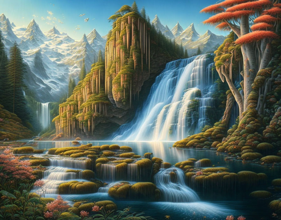 Tranquil landscape with waterfalls, red trees, mossy rocks, and blue lake