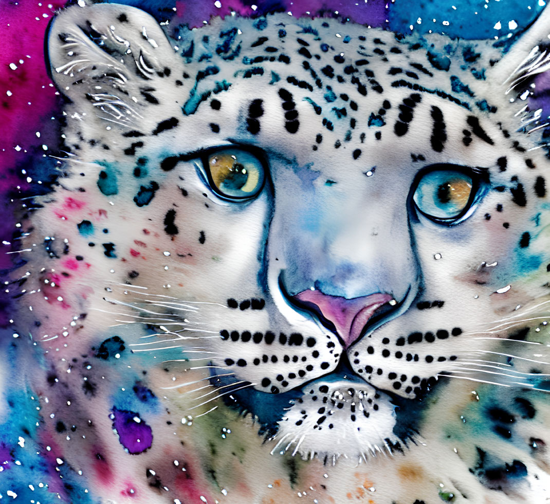 Snow leopard portrait in vibrant watercolor art