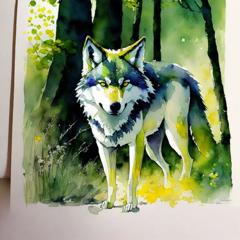 Colorful Watercolor Painting: Wolf in Green Forest with Yellow Eyes