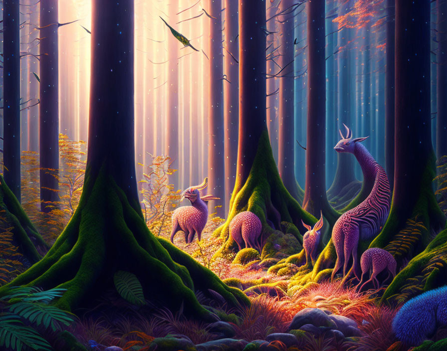 Mystical Fantasy Forest with Colorful Foliage & Giraffe-Like Creatures