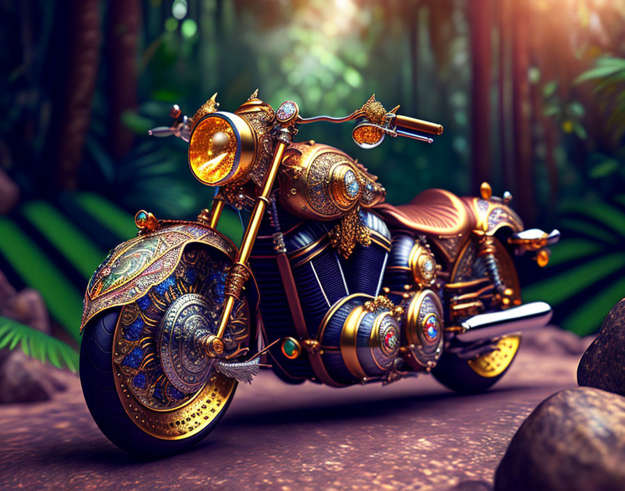 Detailed Steampunk-Style Motorcycle in Jungle Environment