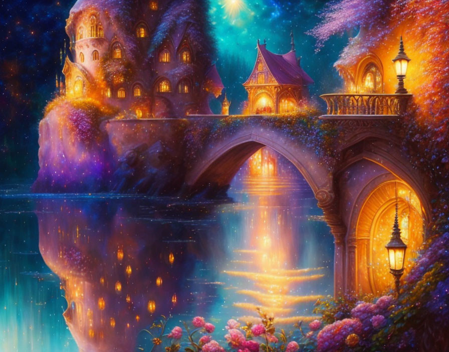 Majestic castle on cliff with glowing windows and bridge, under colorful starry skies.