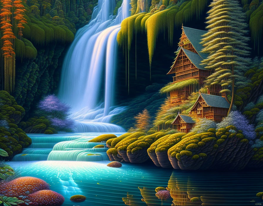 Tranquil fantasy landscape with waterfall, greenery, wooden houses, and river lights