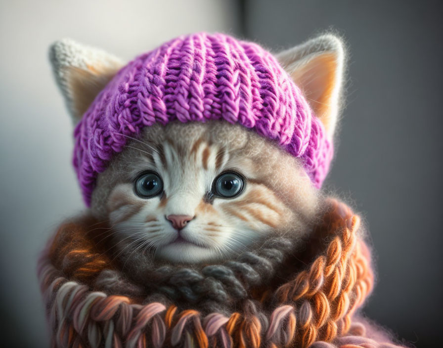 Blue-eyed kitten in purple hat and orange scarf