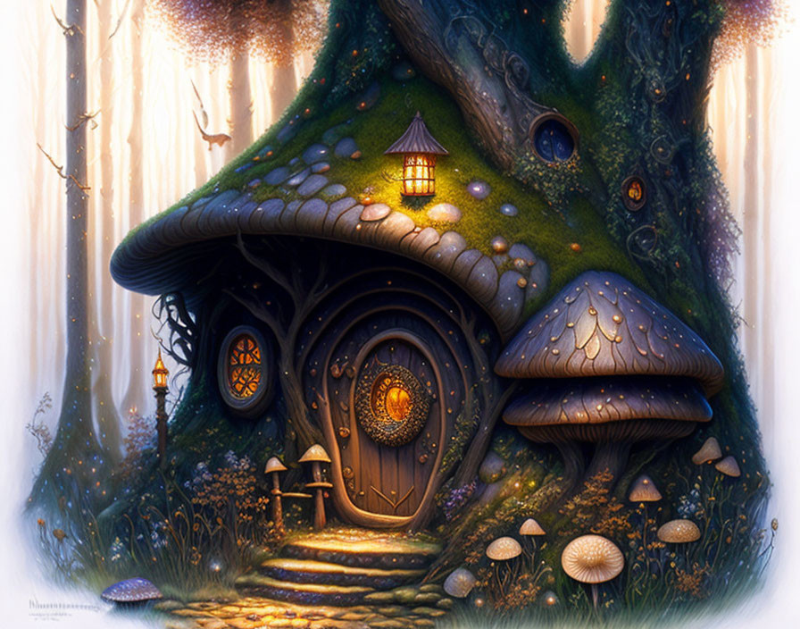 Whimsical tree-shaped house illustration with intricate details