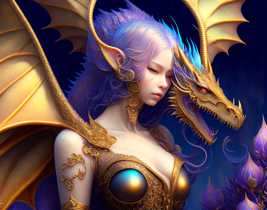 Fantasy illustration: Woman with lilac hair, golden armor, and golden dragon on blue backdrop