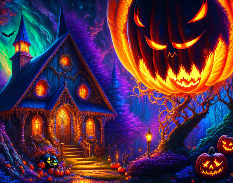 Illustration of spooky Halloween house with jack-o'-lanterns