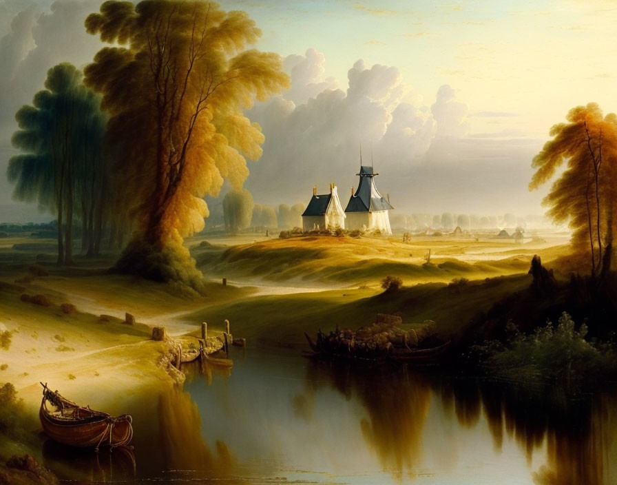 Tranquil river landscape with boat, windmills, and golden light