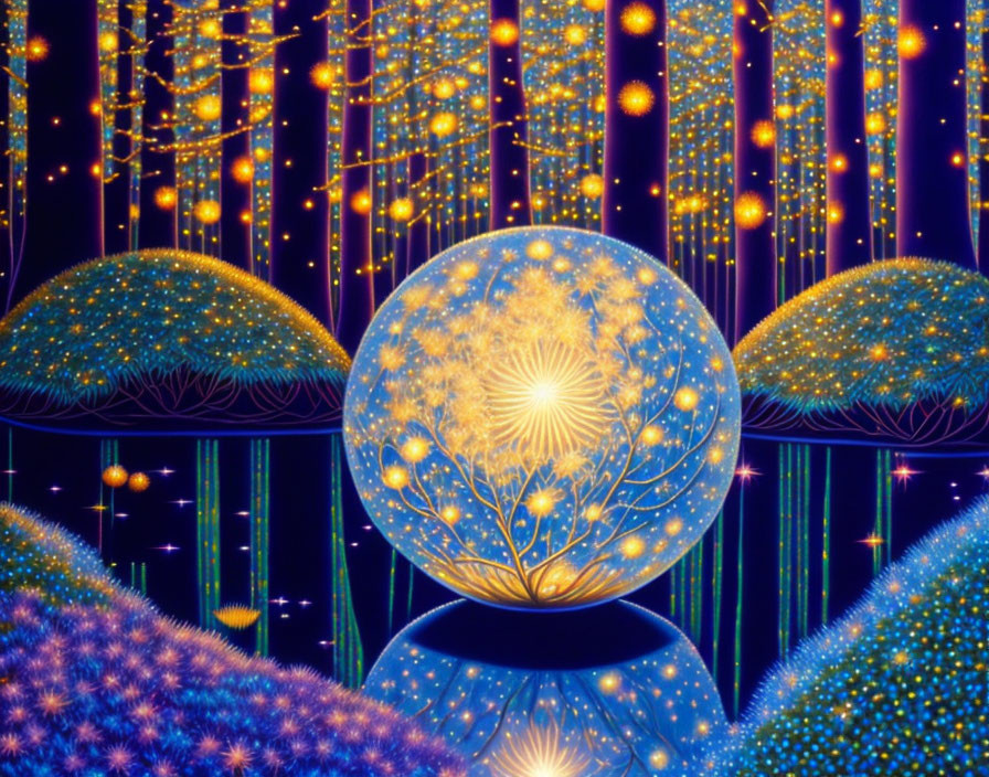 Colorful psychedelic artwork: Glowing tree in sphere with neon lights