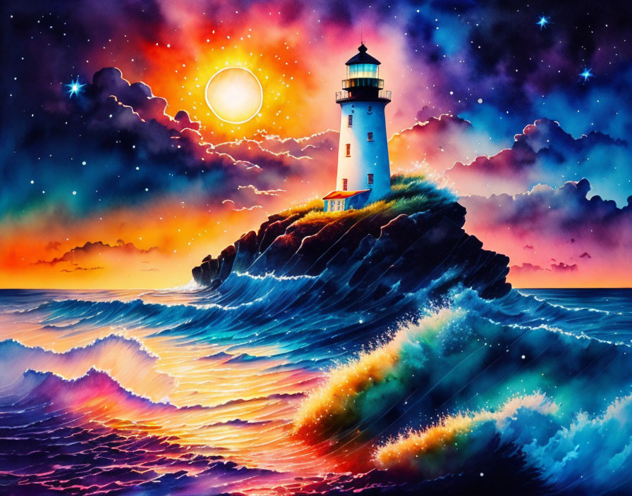 Lighthouse painting on cliff with colorful sky and sea