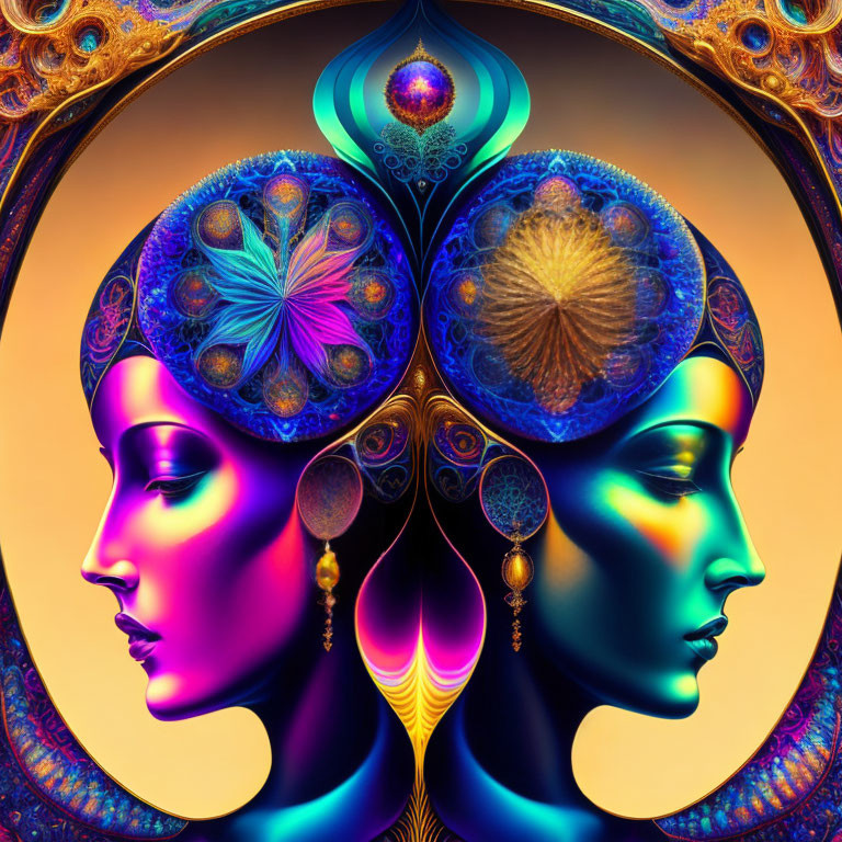 Vibrant symmetrical female profiles with psychedelic patterns and ornate jewelry on warm backdrop