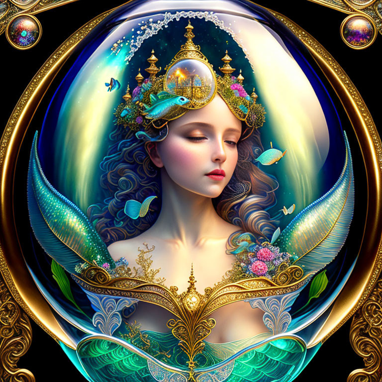 Fantasy-themed artwork: Serene woman with ornate headdress, golden embellishments, marine life