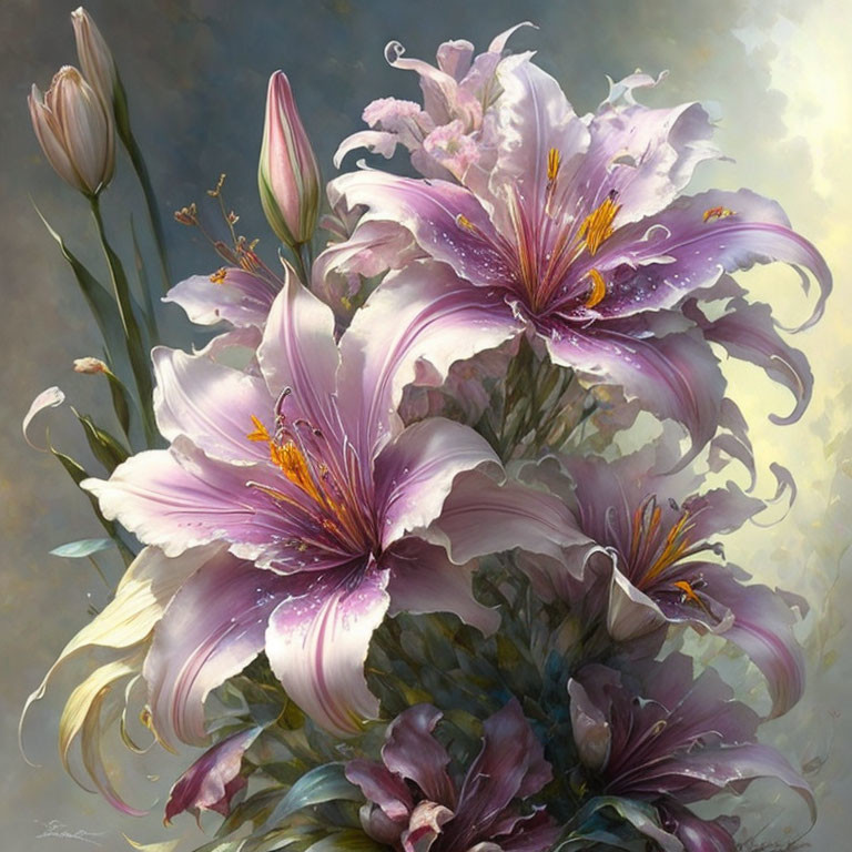 Vibrant Purple Lilies with Dewdrops on Soft Background