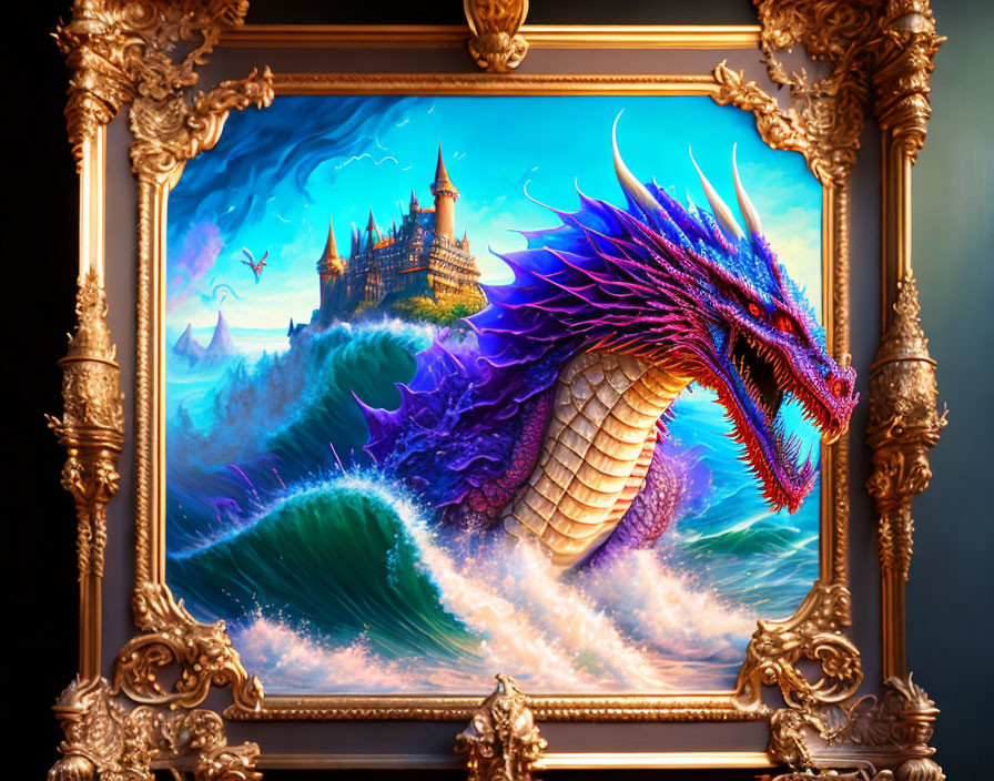 Blue dragon emerging from ocean waves with castle in ornate golden frame