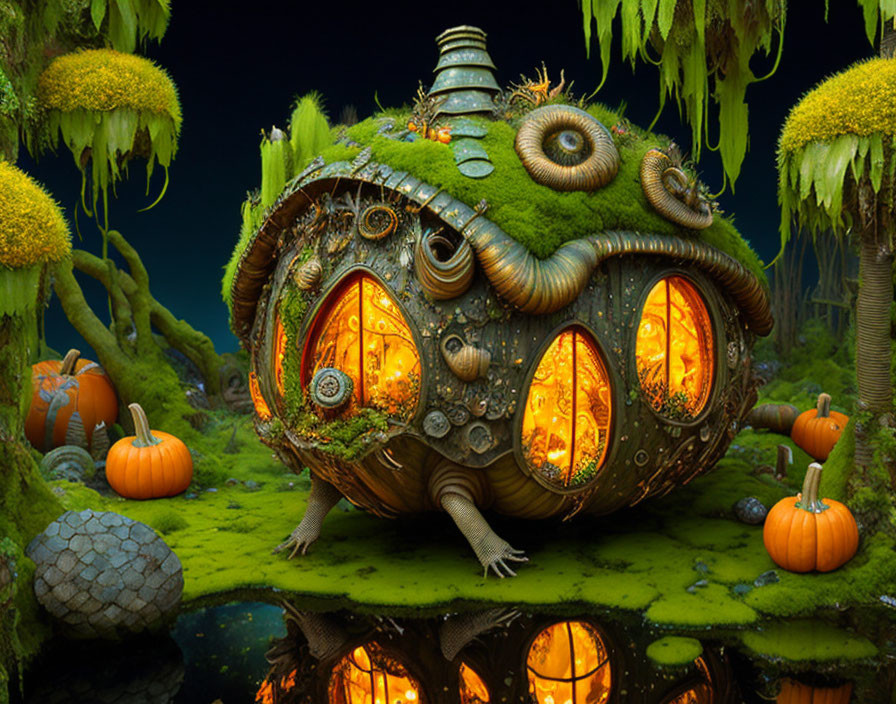 Whimsical Pumpkin-shaped House in Fantastical Swamp