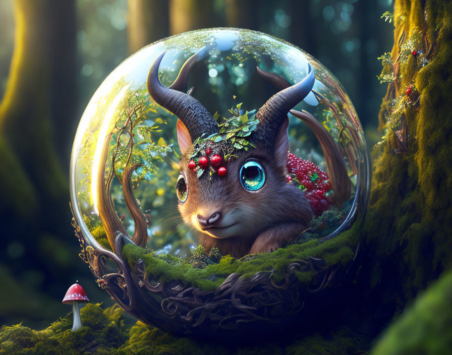 Fantastical creature with horns and blue eyes in bubble in enchanted forest