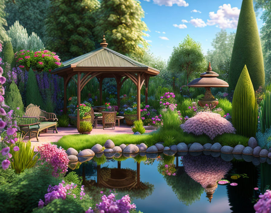 Tranquil garden scene with gazebo, bench, pond, lush greenery