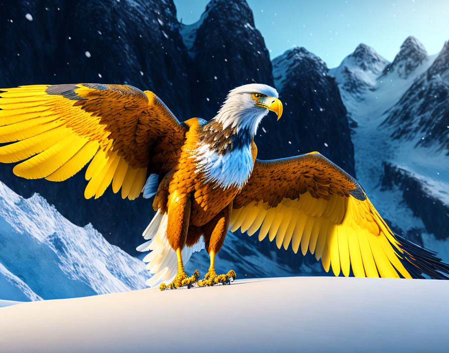 Majestic eagle with spread wings in snowy mountain landscape