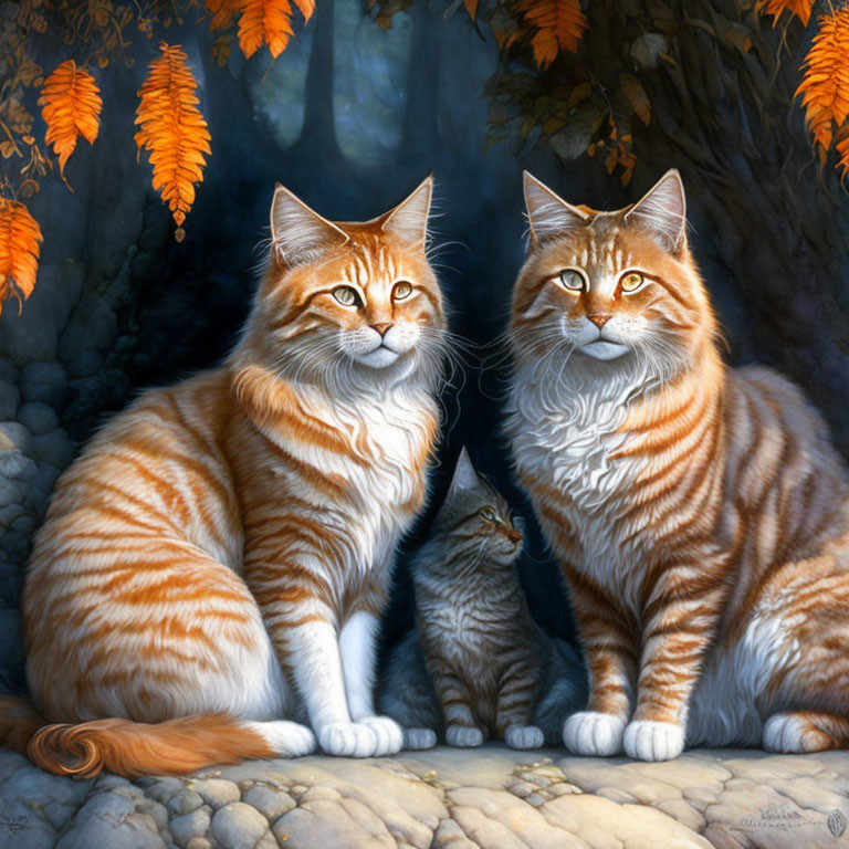 Majestic ginger tabby cats with lush fur by stone archway and small kitten in autumn setting