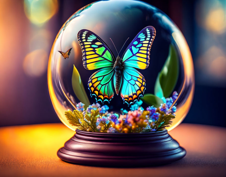 Colorful Butterfly Globe with Flowers and Bokeh Background