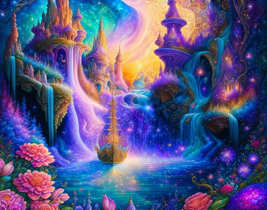 Colorful Fantasy Landscape with Castles, Waterfall, Boat, and Flowers