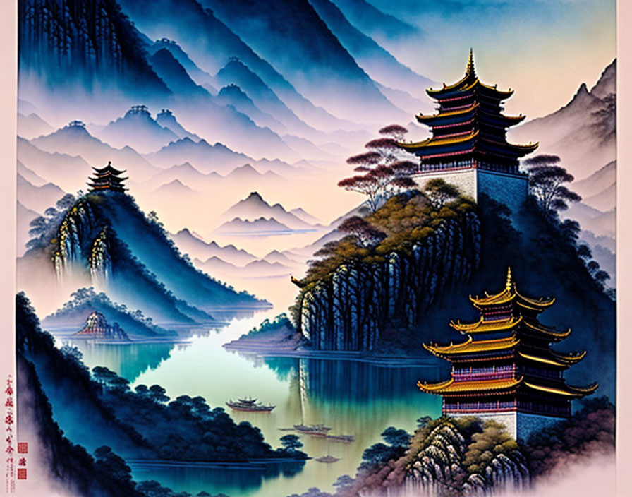 Traditional Chinese Landscape Painting: Pagodas, Mountains, Trees, and Calm Waters