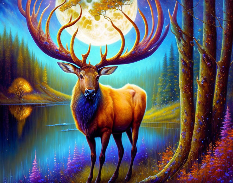 Fantasy elk in mystical forest with glowing moon and vivid trees