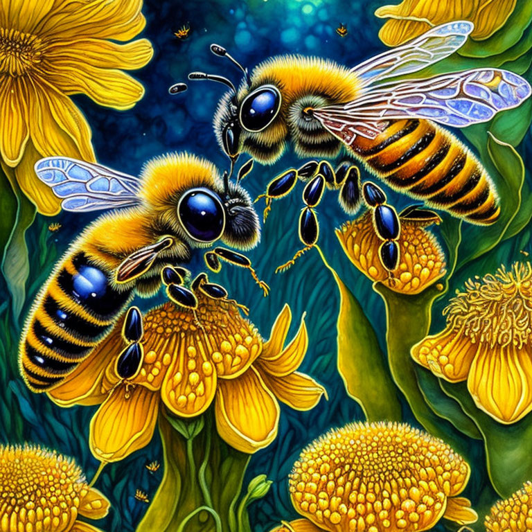 Detailed Illustration of Hovering Honeybees and Yellow Flowers