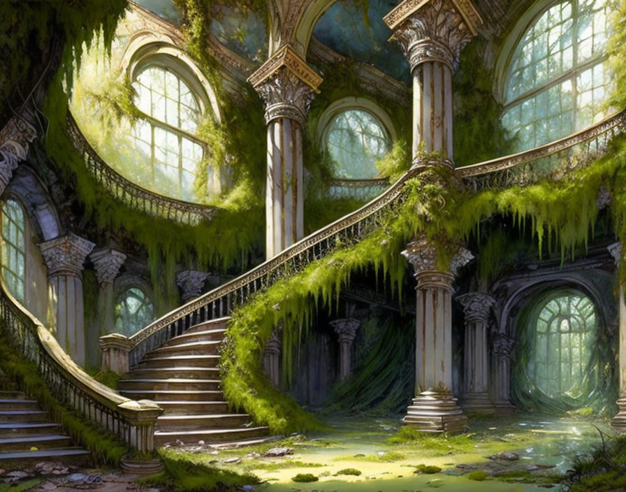 Abandoned hall with sunlight, moss-covered staircase & stone columns