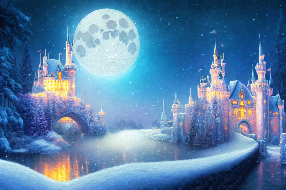 Snow-covered fairy tale castle at night reflected in tranquil lake