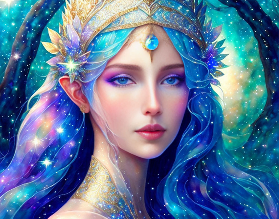 Fantasy woman with blue wavy hair and jeweled crown in celestial-themed illustration