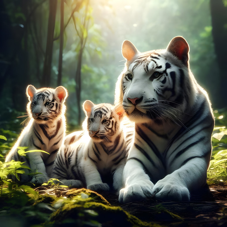 White Tiger Mother with Cubs