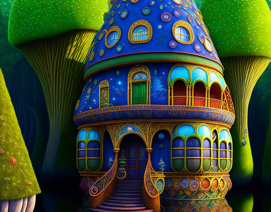 Colorful Mushroom House with Ornate Designs in Magical Forest