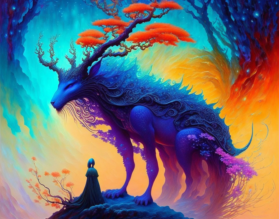 Colorful fantasy art: Blue mythical creature with tree-like antlers & small cloaked figure under star