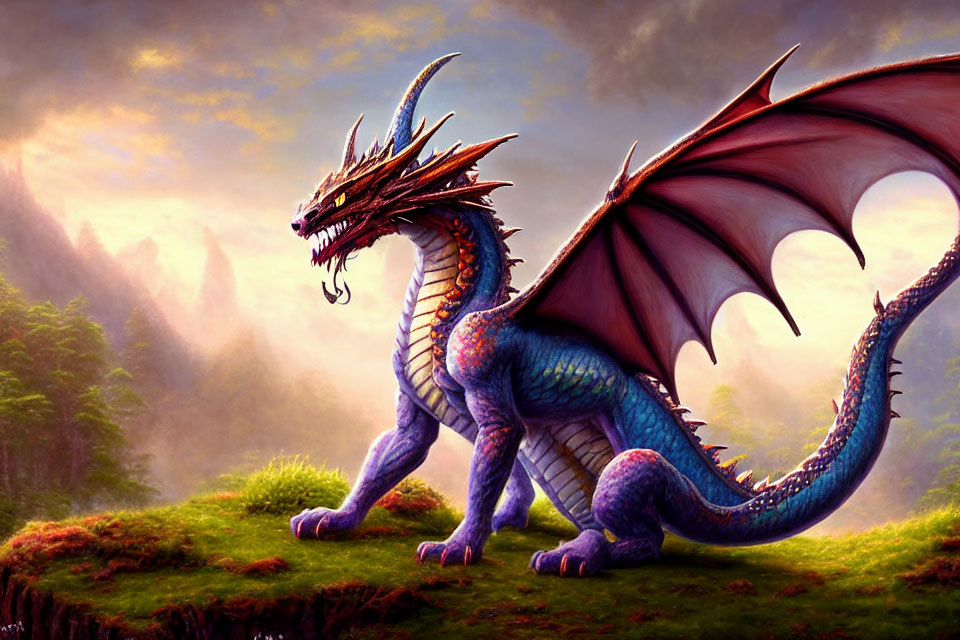 Blue dragon with open wings on grassy cliff in serene landscape