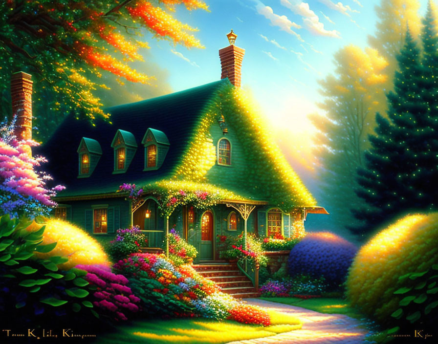 Charming cottage in vibrant garden at sunset