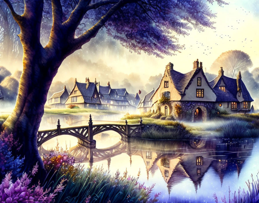 Tranquil village scene with thatched-roof cottages, river, stone bridge, purple flora