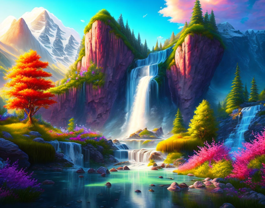 Colorful Fantasy Landscape with Waterfall, Cliffs, and Red Tree