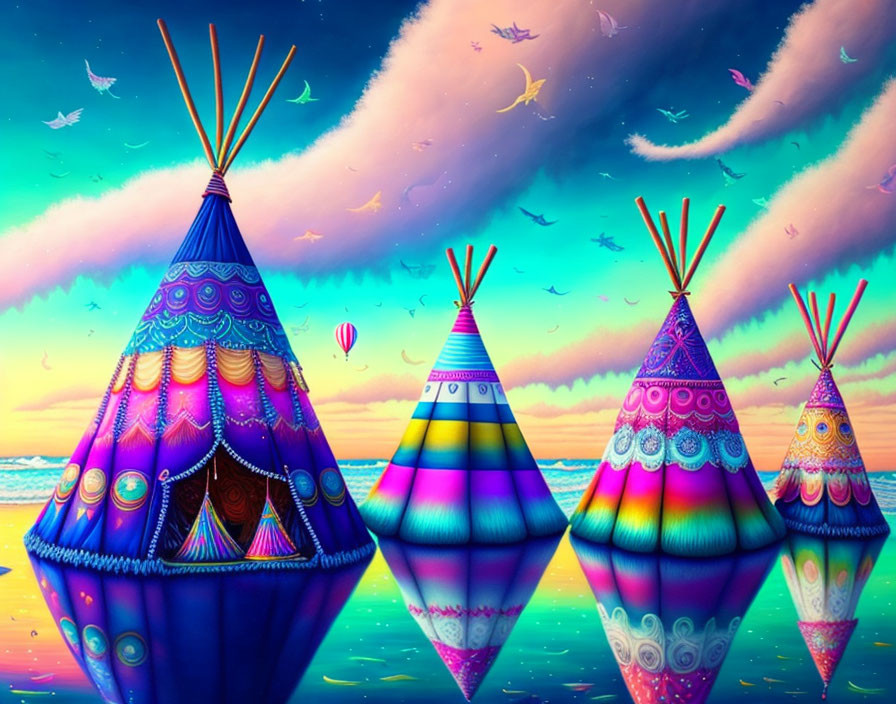 Vibrant teepees near water with colorful sky and hot air balloon