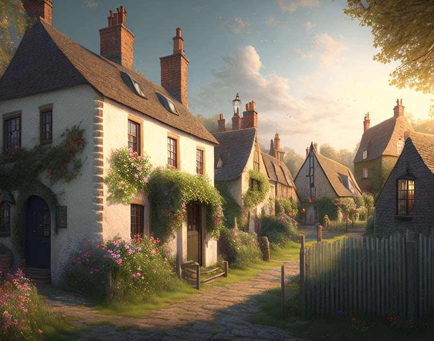 Picturesque village with thatched-roof cottages and warm sunset glow