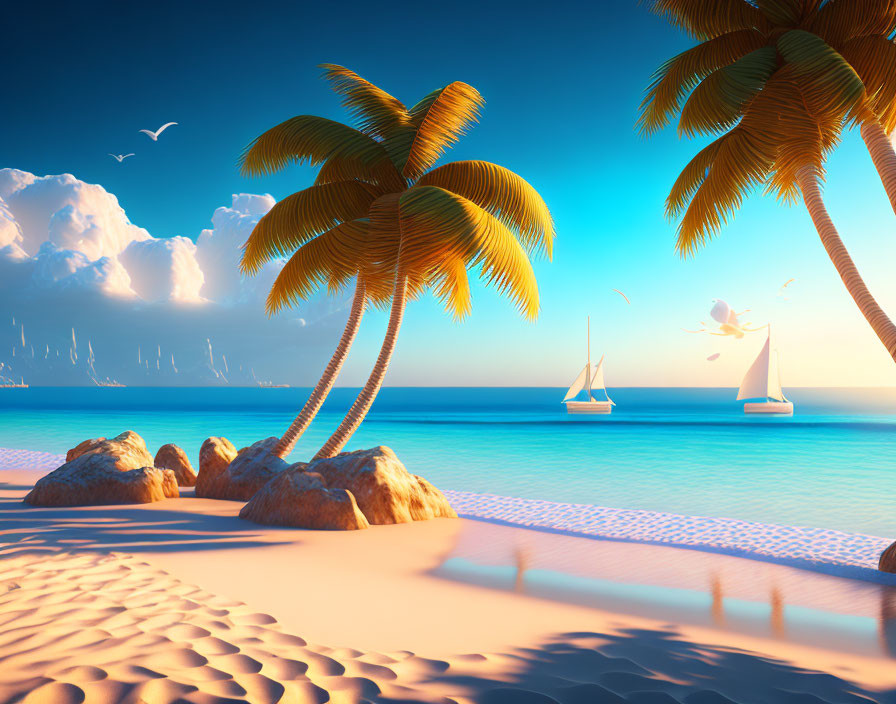 Sunset tropical beach with palm trees, sailboats, golden sands, and seagulls