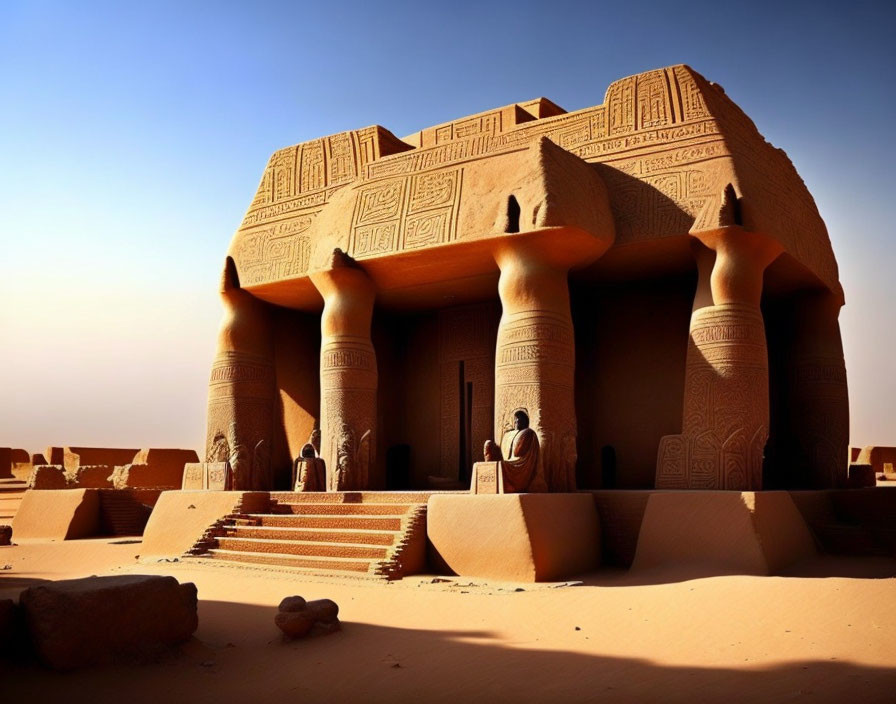 Ancient sandstone temple with hieroglyphic carvings in desert landscape