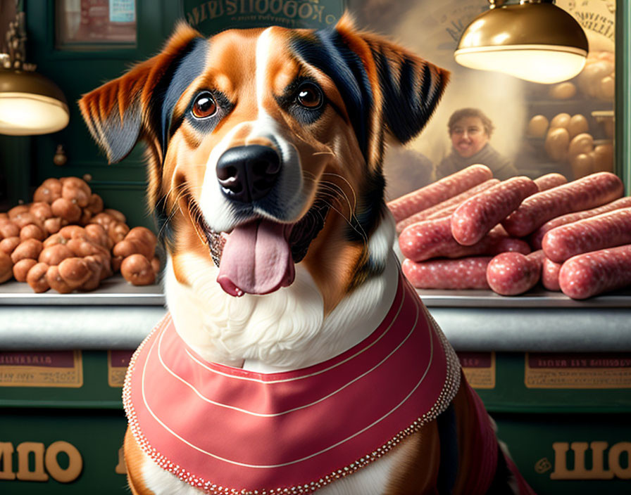 Cheerful dog with bib at deli counter with sausages and clerk