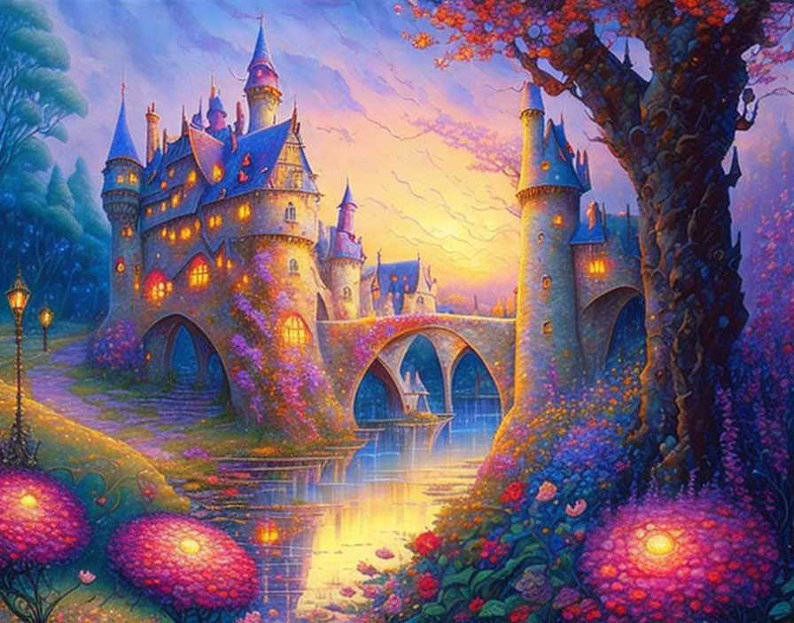 Twilight scene of magical castle with radiant towers and stone bridge