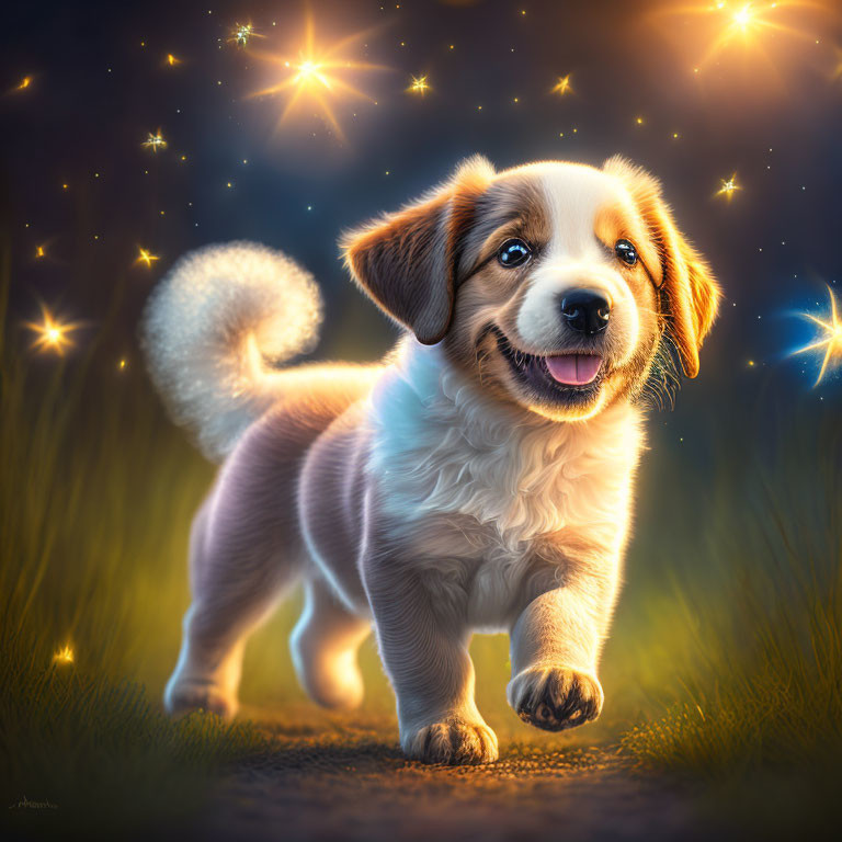 Fluffy puppy with smiling expression in magical evening field