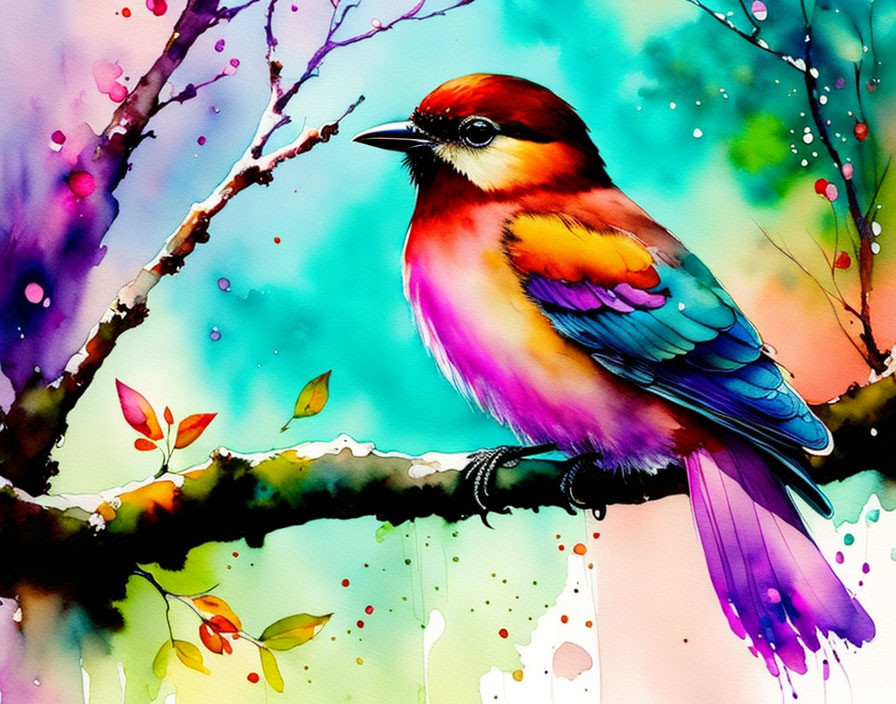 Colorful Bird Perched on Branch Watercolor Painting