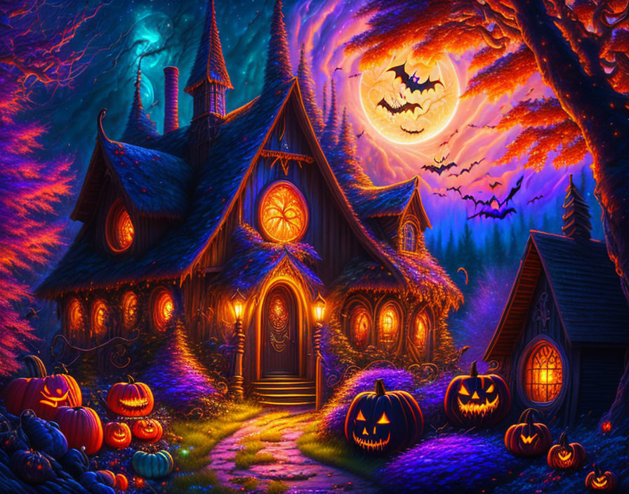 Spooky Halloween illustration: Haunted house, pumpkins, full moon, bats.