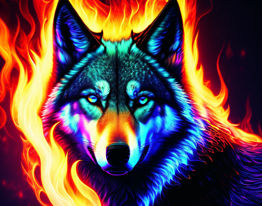 Colorful digital artwork: Wolf with blue and purple fur, fiery orange and yellow mane