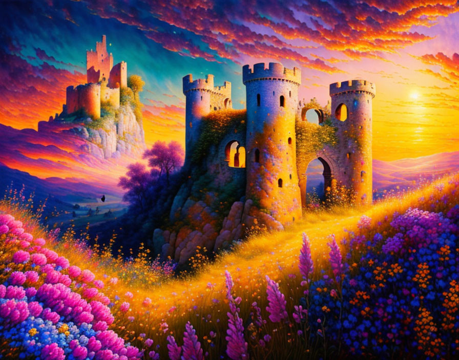 Colorful fantasy landscape with ancient castle and vibrant sunset sky